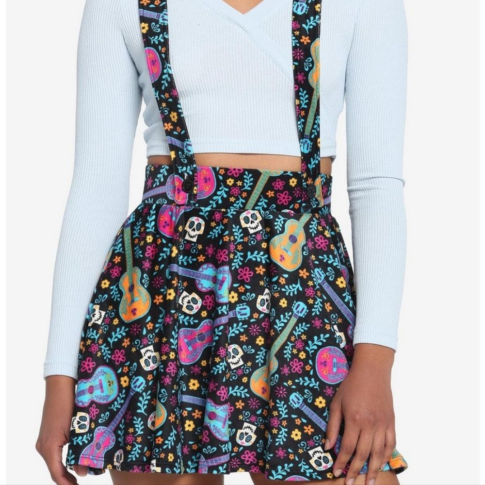 Disney Pixar Coco Sugar Skull & Guitar Velvet Suspender Skirt WITH Mickey Ears